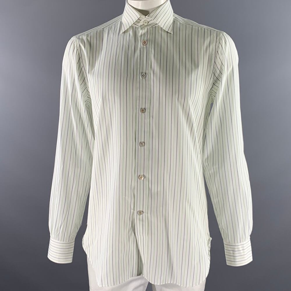 KITON Size L White Green Navy Pinstripe Cotton Long Sleeve Shirt